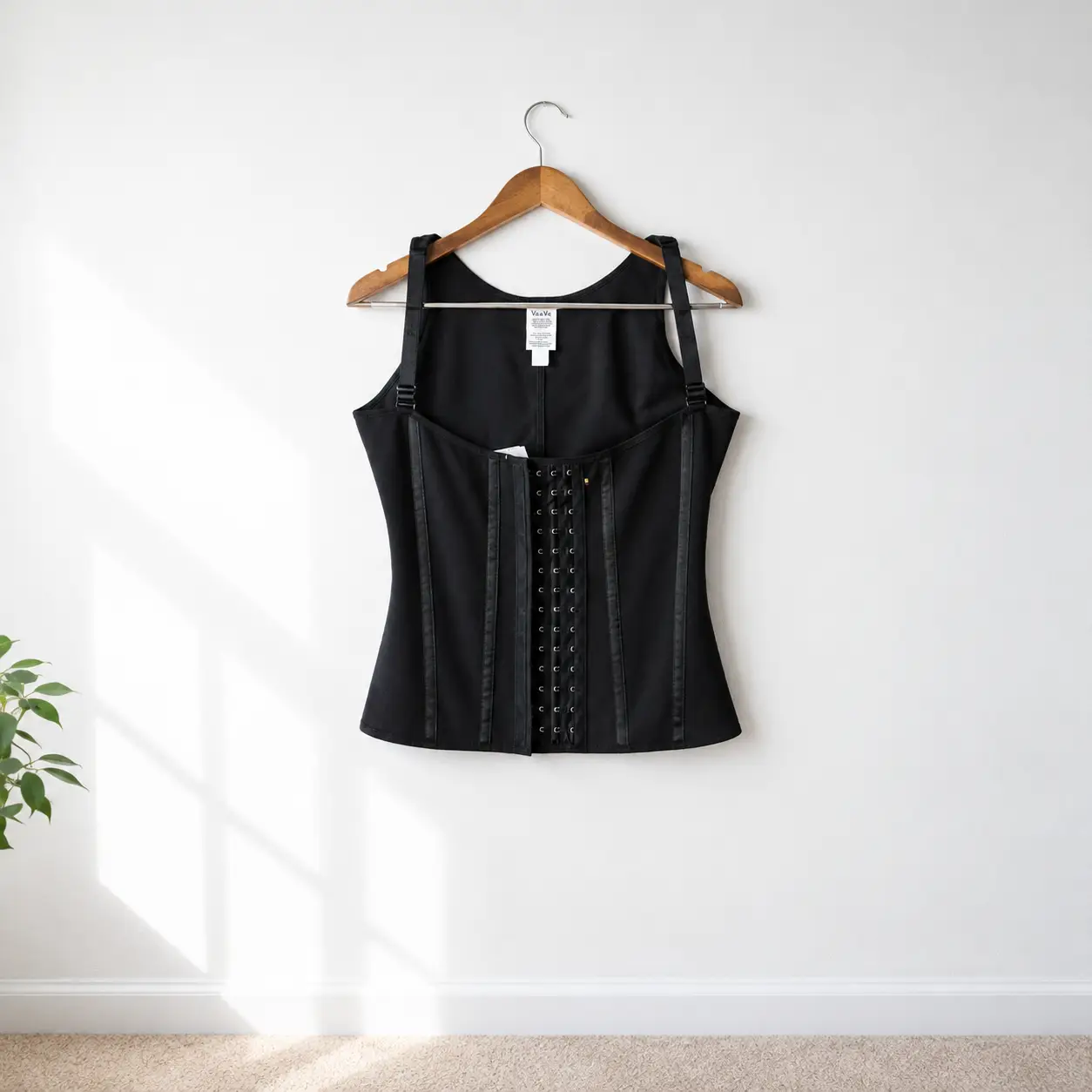 Sunlit Black Corset on Wooden Hanger